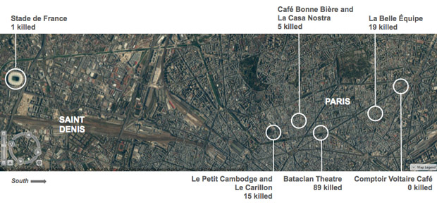 The locations of the six attacks across Paris