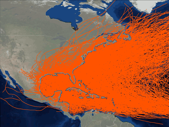 Simulated hurricane tracks
