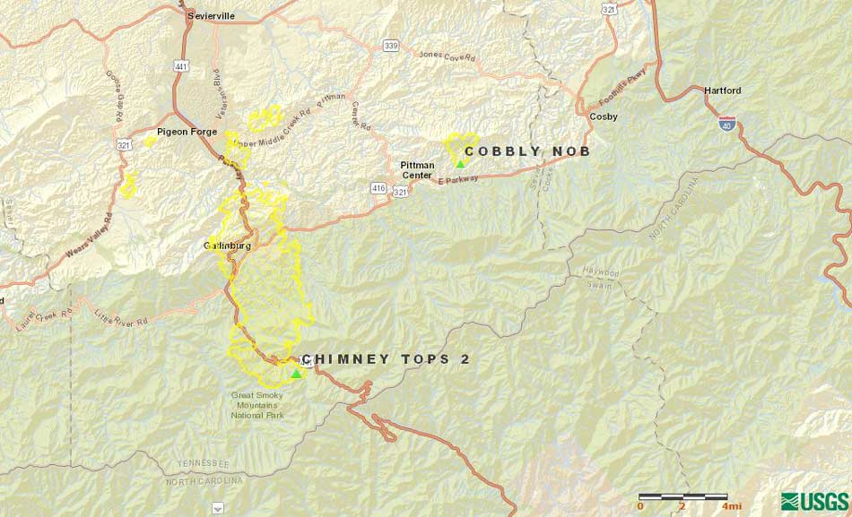 The perimeter of the Chimney Tops 2 wildfire
