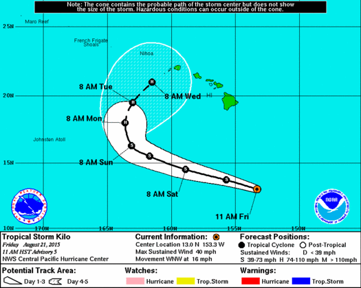 Cone of uncertainty for Tropical Storm Kilo for August 21, 2015 