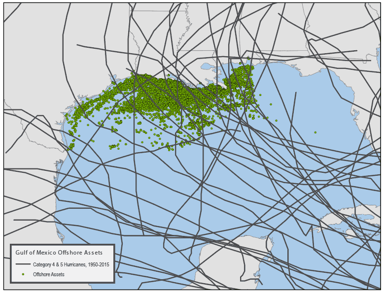 Hurricanes and offshore assets map