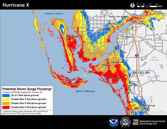 Example of NHC Potential Storm Surge Flooding for a hypothetical hurricane in the Fort Myers, Florida region