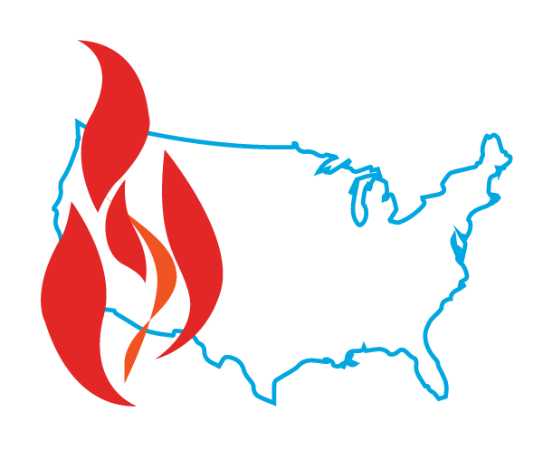 outline of the US and wildfire