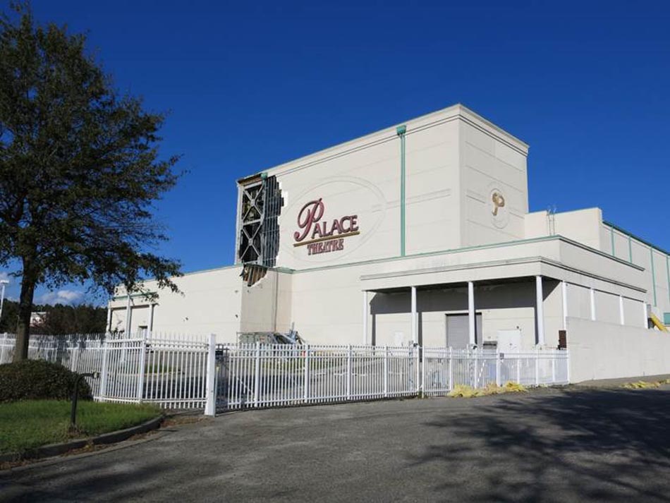 Significant wind damage to the envelope of a movie theater