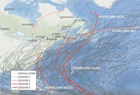 Various hurricane tracks in eastern Canada