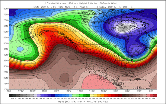 Global Forecast System (GFS) 18-hour forecast, of 500-mb height