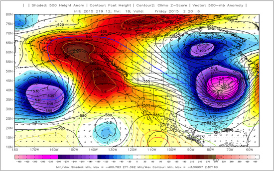 height values from Figure 1 minus the climatological mean height values from an atmospheric reanalysis data set (CFSR)