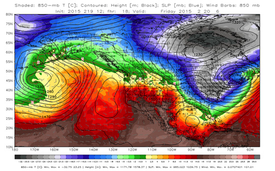 Global Forecast System (GFS) 18-hour forecast, temperature at the 850-mb pressure level