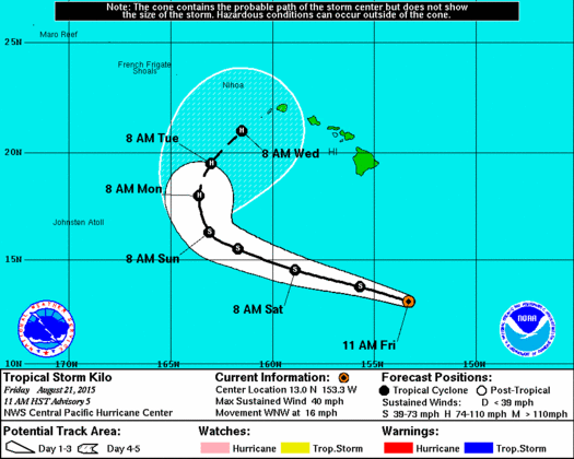 Cone of uncertainty for Tropical Storm Kilo for August 21, 2015