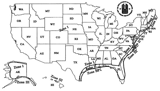 Basic 1994 HUD Code wind zone map for manufactured housing