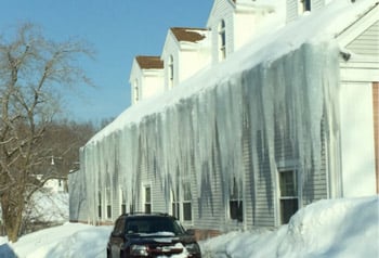 Impressive icicles on a house in Braintree, Massachusetts