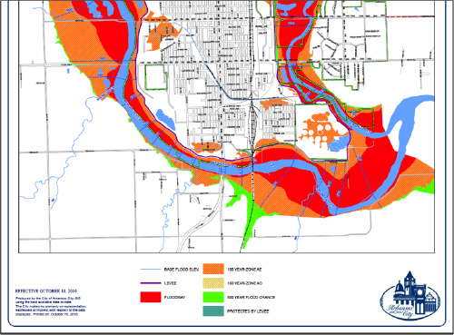 The southern half of Ark City and its flood zones