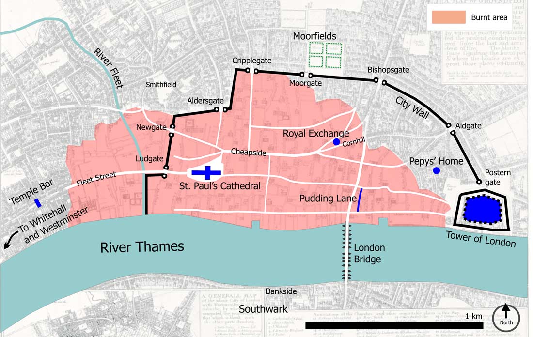 Map of central London in 1666