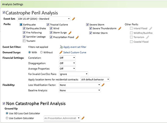 The Touchstone analysis settings screen