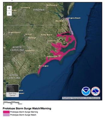 This prototype storm surge watch/warning for a hypothetical hurricane event shows what the new graphic will look like