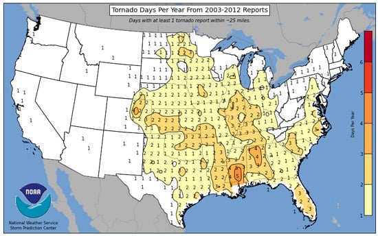 number of days that a tornado was reported between 2003 and 2012